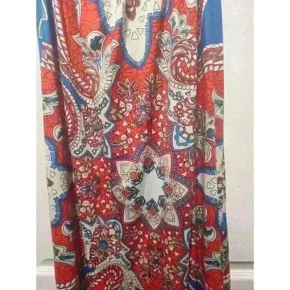 RUIYIGE WOMEN'S LONG SKIRT SIZE LARGE RED GEOMETRIC DESIGN IN BLUE WHITE ACCENT - Picture 3 of 4